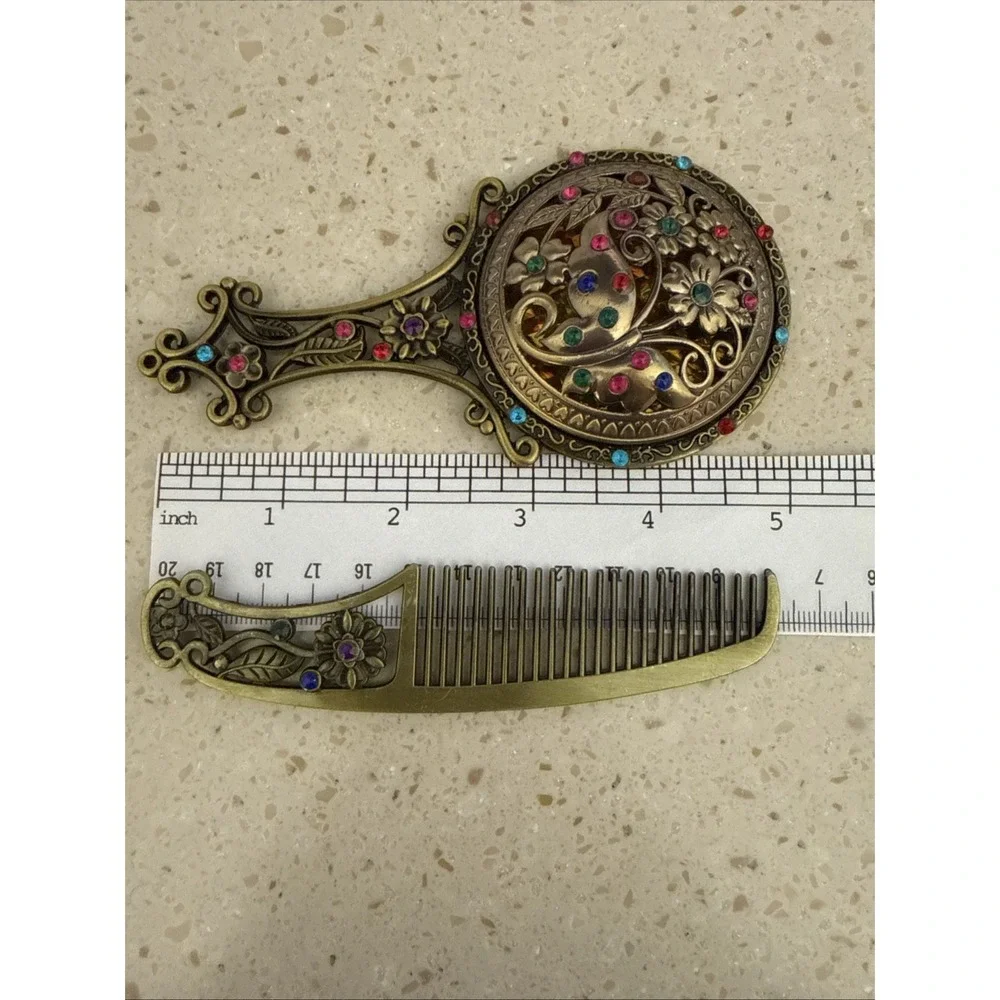 Vtg Style Hand Held Vanity Mirror Matching Comb Set Floral/Butterfly Rhinestone